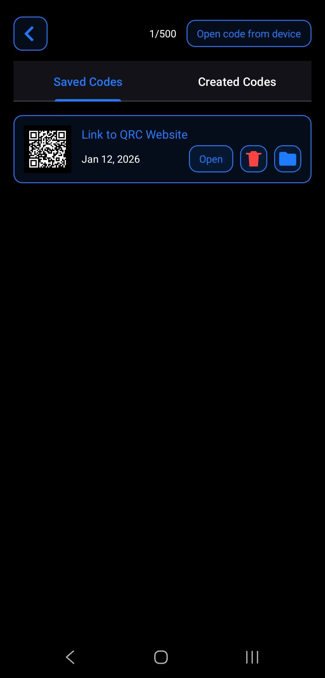 Saved codes screen